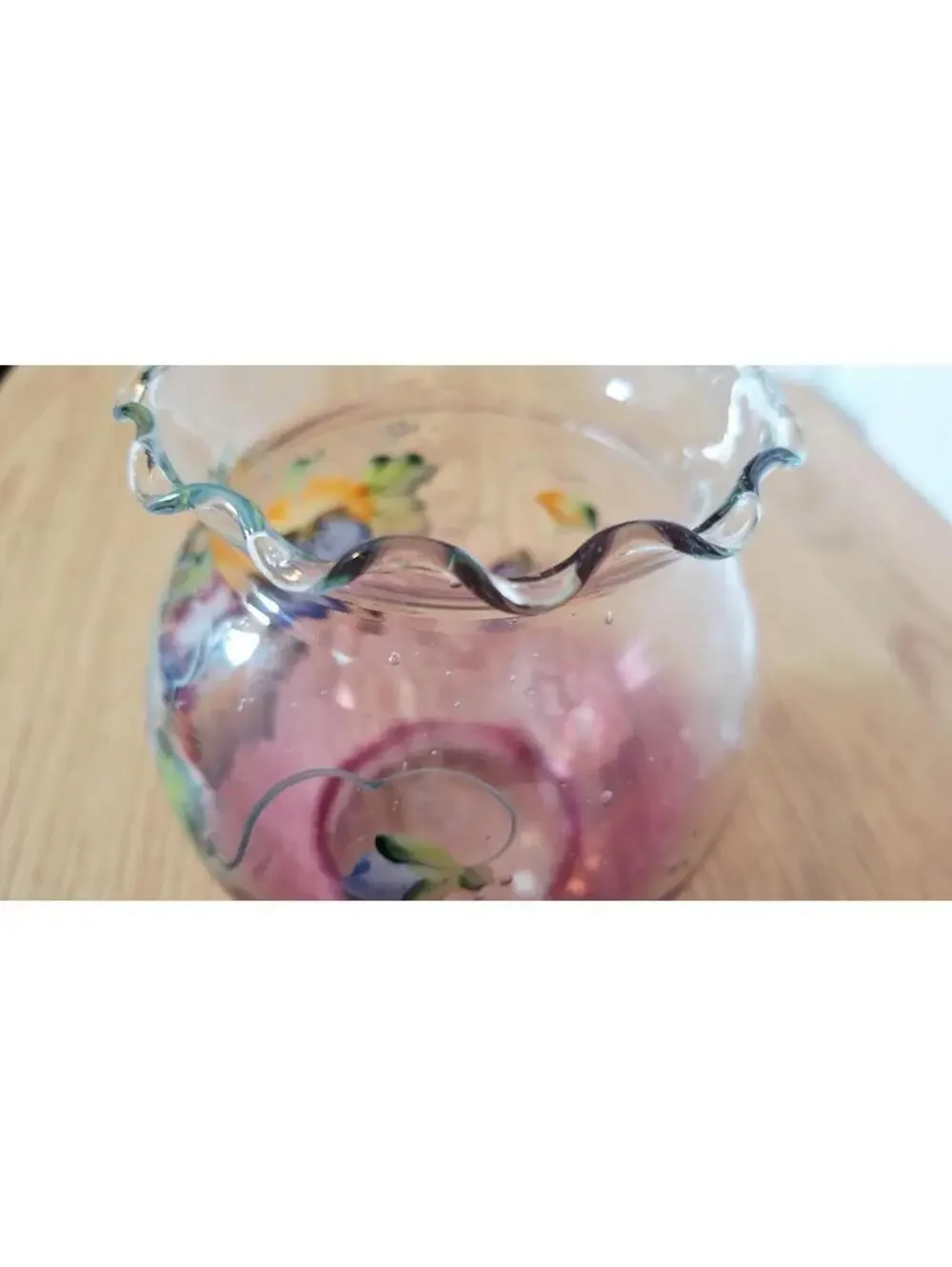 Vintage Hand Painted Pansy Glass Rose Bowl Vase - Ruffled Cranberry Glass - 5